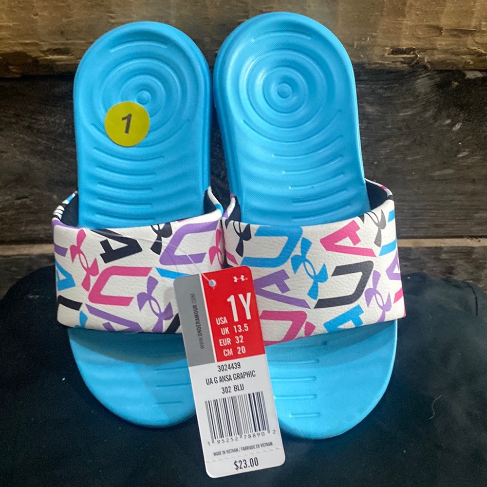 Under Armour Ansa Graphic Youth Girl Slide Sandals Size 1 Blue, White NWT IN PKG
